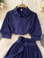 Puff Sleeve Shirt and Pleated Skirt Set