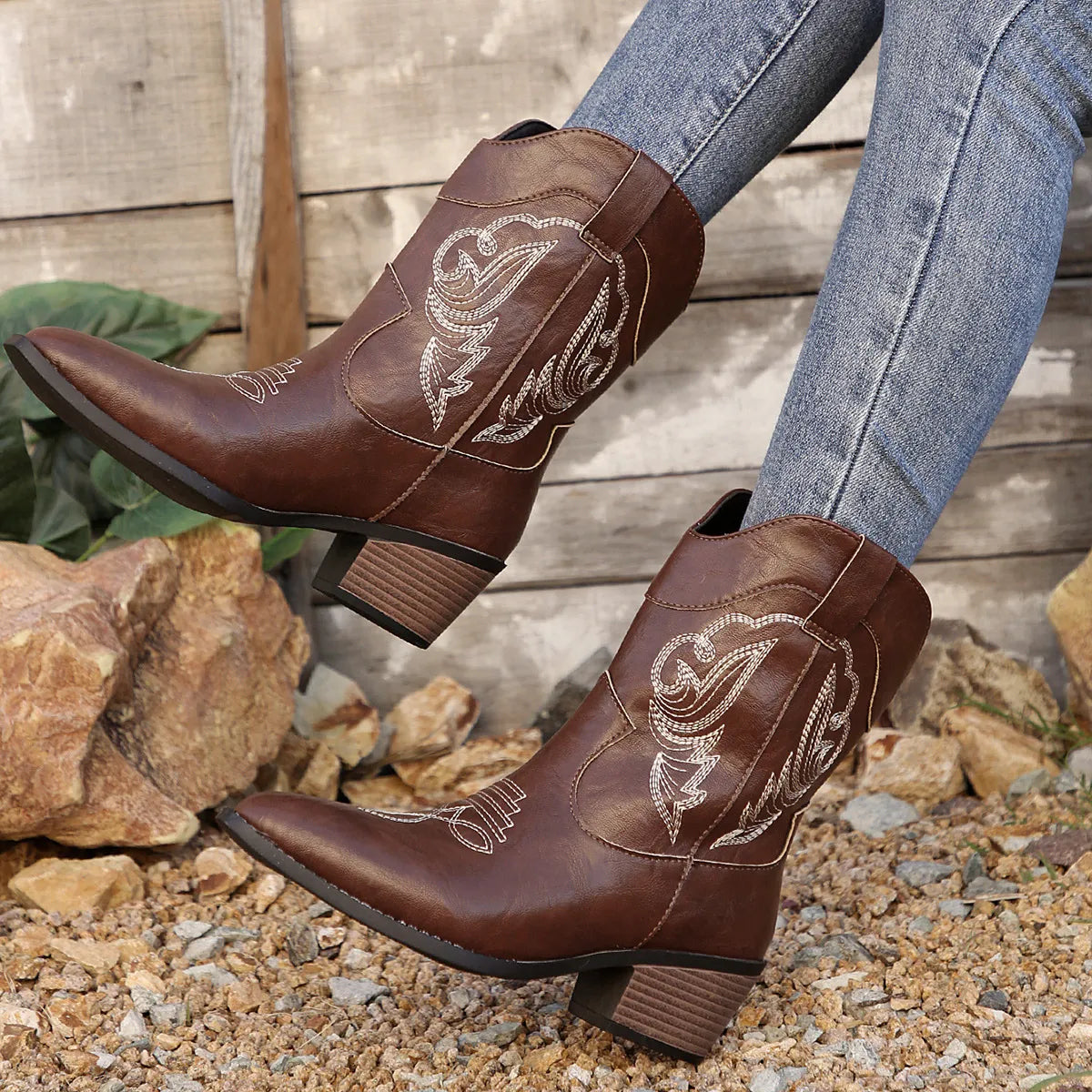 Point Toe Block Heels Boots - Ladyez