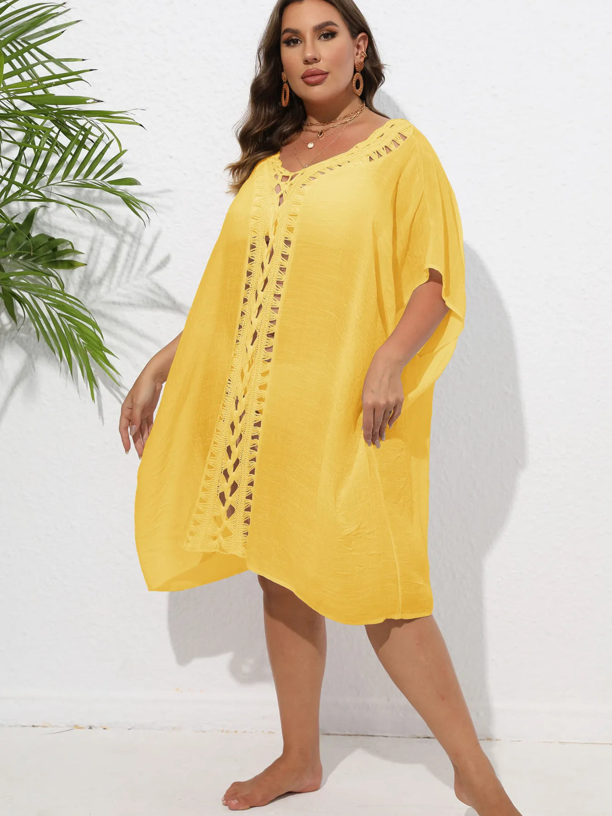 Crochet Trim V-Neck Beach Cover Up Dress - Ladyez