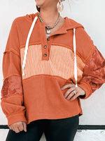 Waffle Knit Color Block Striped Drawstring Hoodie