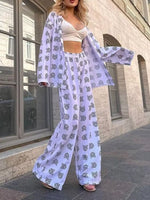 Open Front Cat Print Shirt and Pants Set