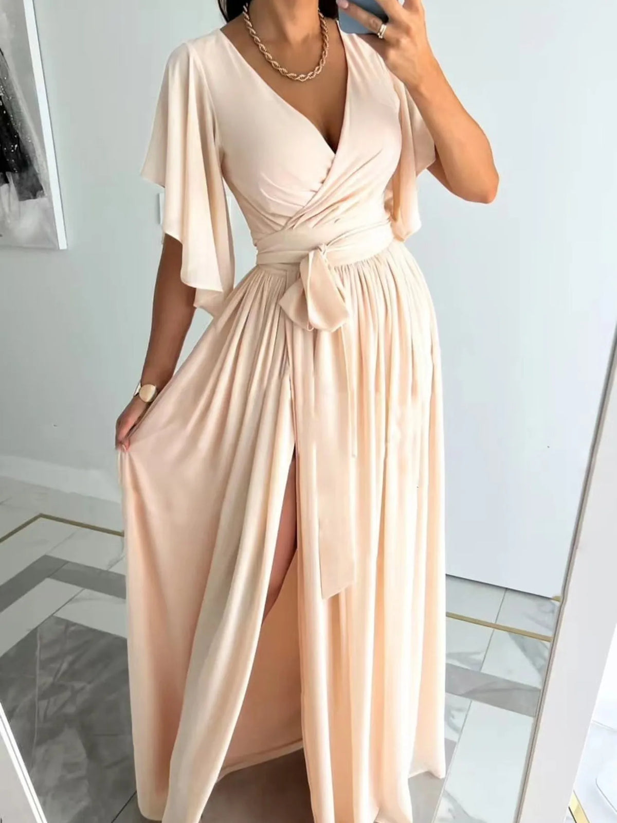 Flutter Sleeve Surplice Tie Waist Dress - Ladyez