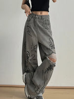 Printed Distressed Wide Leg Jeans - Ladyez
