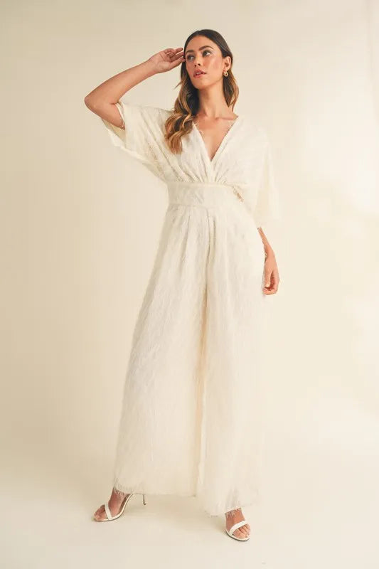 MABLE Fluffy Deep V Neck Wide Leg Jumpsuit - Ladyez