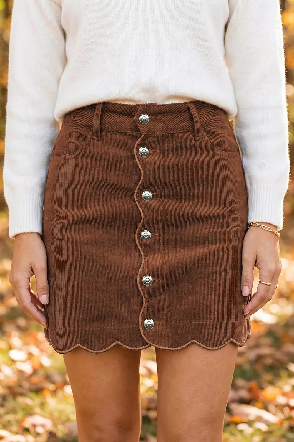 Button Front Corduroy Mini Pockets Sheath Silhouette Skirt