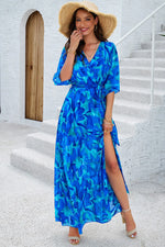 Devine Printed Tied Half Sleeve Slit Dress - Ladyez