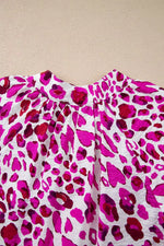 Leopard Print V Neck Puffy Half Sleeve Blouse