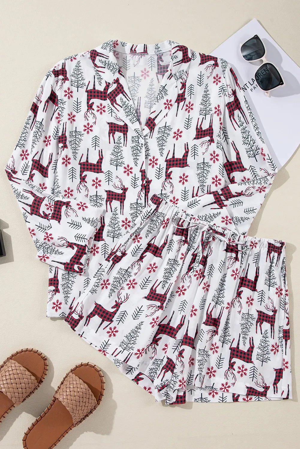 Printed Collared Neck Long Sleeve Top and Shorts Lounge Set - Ladyez