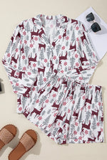 Printed Collared Neck Long Sleeve Top and Shorts Lounge Set - Ladyez