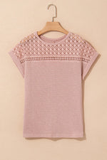 Lace Patchwork Waffle Short Sleeve Knit Top
