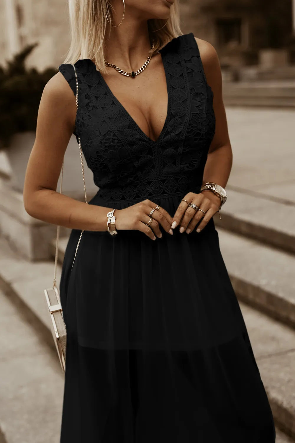Slit Lace Detail V-Neck Dress - Ladyez
