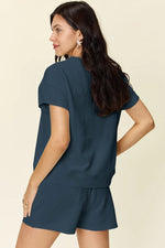 Double Take Full Size Texture Short Sleeve T-Shirt and Drawstring Shorts Set - Ladyez