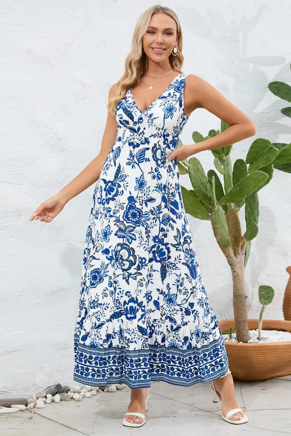 Printed V-Neck Wide Strap Dress - Ladyez