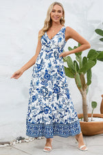 Printed V-Neck Wide Strap Dress - Ladyez
