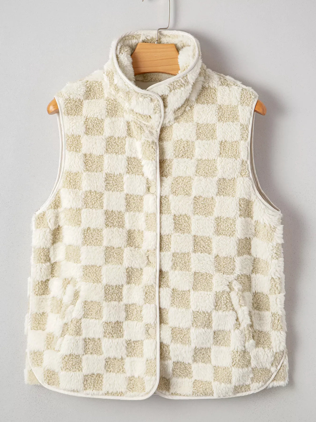 Sherpa Checkerboard Snap Button Vest Coat with Pocket