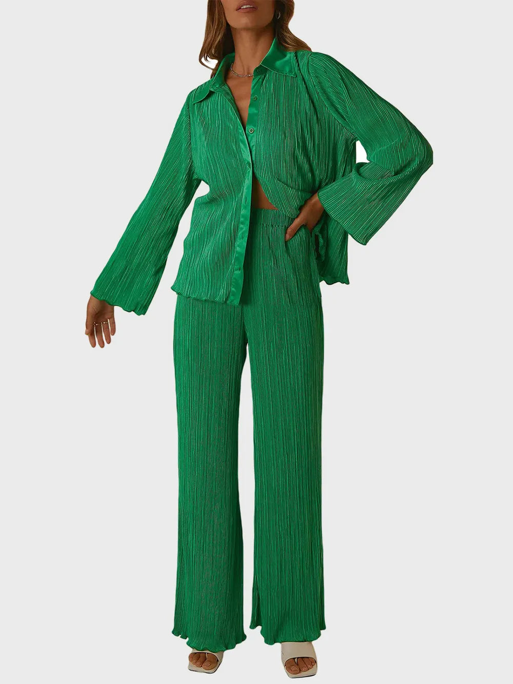 Collared Neck Long Sleeve Top and Pants Lounge Set - Ladyez