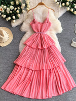 Pleated Layered Spaghetti Strap Midi Dress