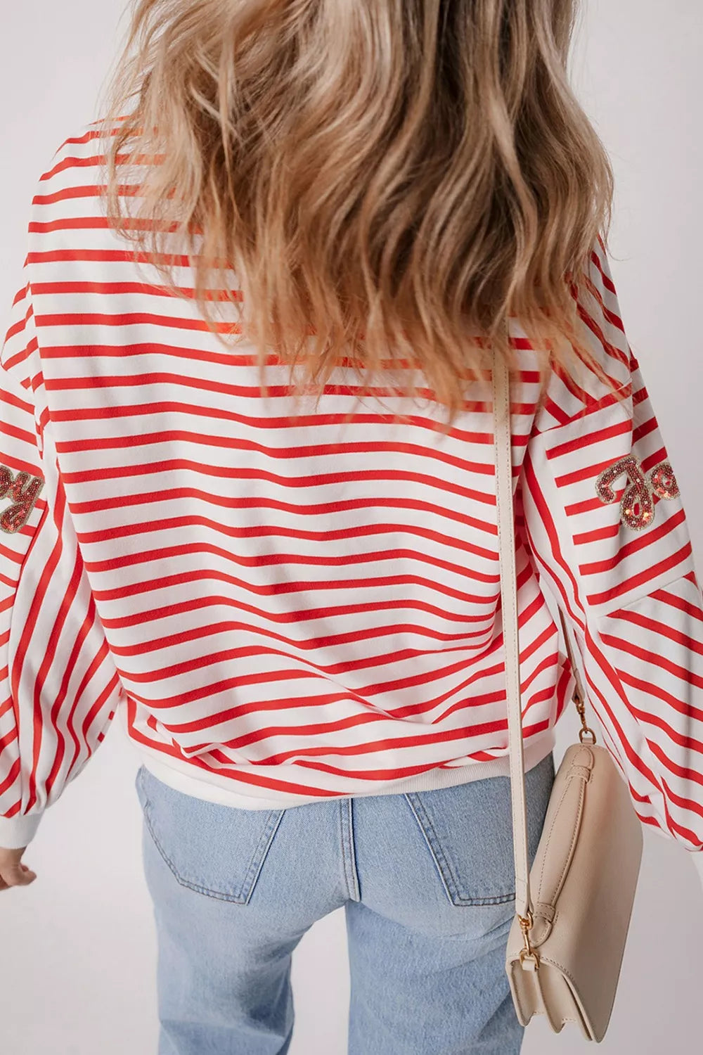 Stripe Sequined Joy Pattern Patchwork Sleeve Round Neck Sweatshirt