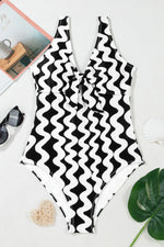 Tied Front Contrast Striped One-Piece Swimsuit - Ladyez