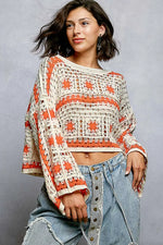 POL Boat Neck Long Sleeve Crochet Top with Granny Square Weaving