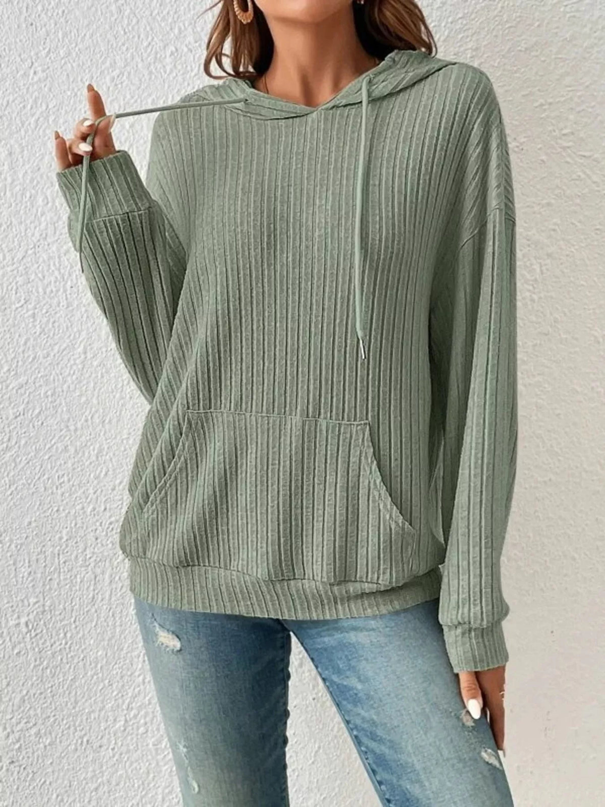 Casual Ribbed Knit Drawstring Hoodie