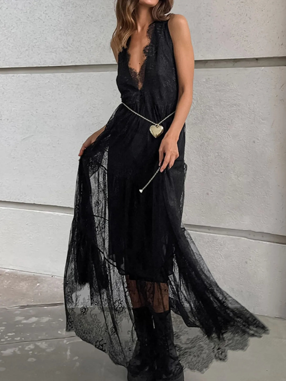 Lace Deep V-Neck Maxi Dress - Ladyez