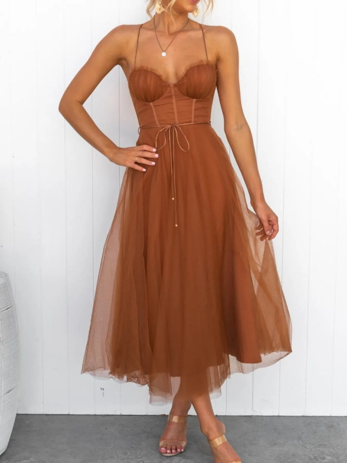 Sweetheart Neck Tulle Midi Dress - Ladyez
