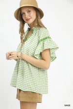 Umgee Gingham Lace Trim Top