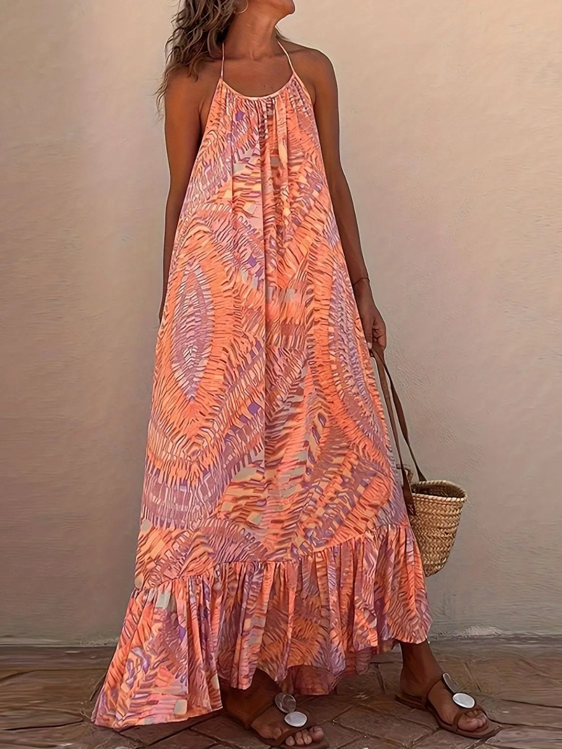 Backless Printed Halter Neck Maxi Cami Dress - Ladyez
