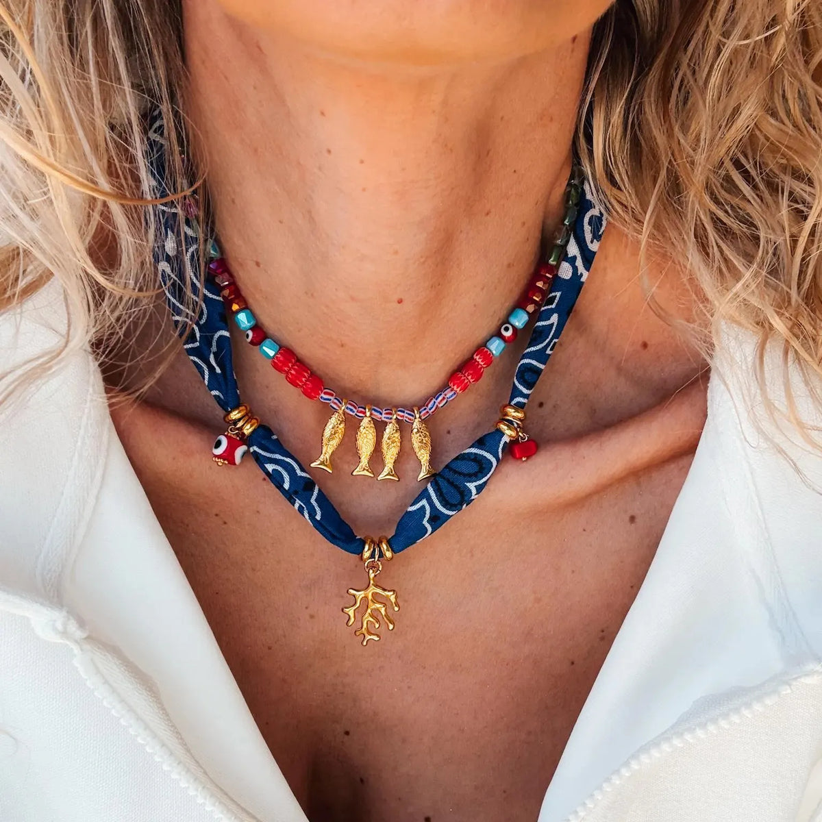 2-Piece Coral and Fish Pendant Necklace