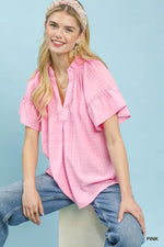 Umgee Gingham Puff Sleeve Top with Lace Trim