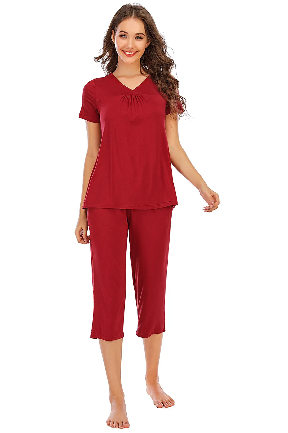 V-Neck Short Sleeve Top and Pants Lounge Set - Ladyez