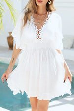 Ruffled Smocked Waist V-Neck Cover-Up - Ladyez