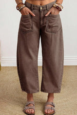 Solid Color Square Patch Pocket Ankle-length Barrel Jeans