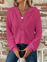 Waffle Knit Long Sleeve Drawstring Hooded Top - Ladyez