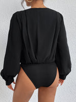 Perfee Surplice Ruched Long Sleeve Bodysuit - Ladyez