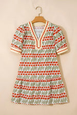 Tulip Floral Print Cotton Puff Short Sleeve Mini Dress