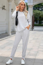 Round Neck Top and Drawstring Pants Lounge Set - Ladyez