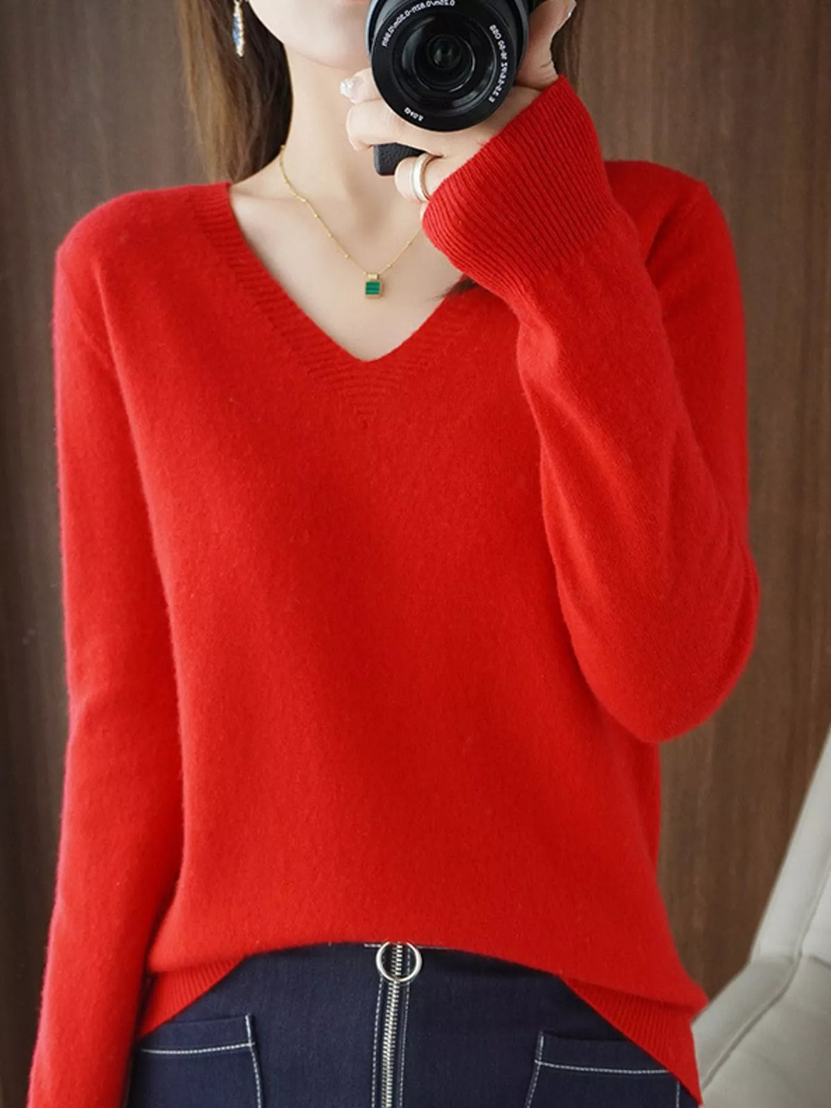 V-Neck Solid Color Sweater