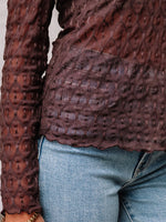Sheer Mesh Patterned Lettuce Trim Slim Long Sleeve Top