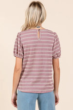 Mittoshop Contrast Striped Short Puff Sleeve Knit Top