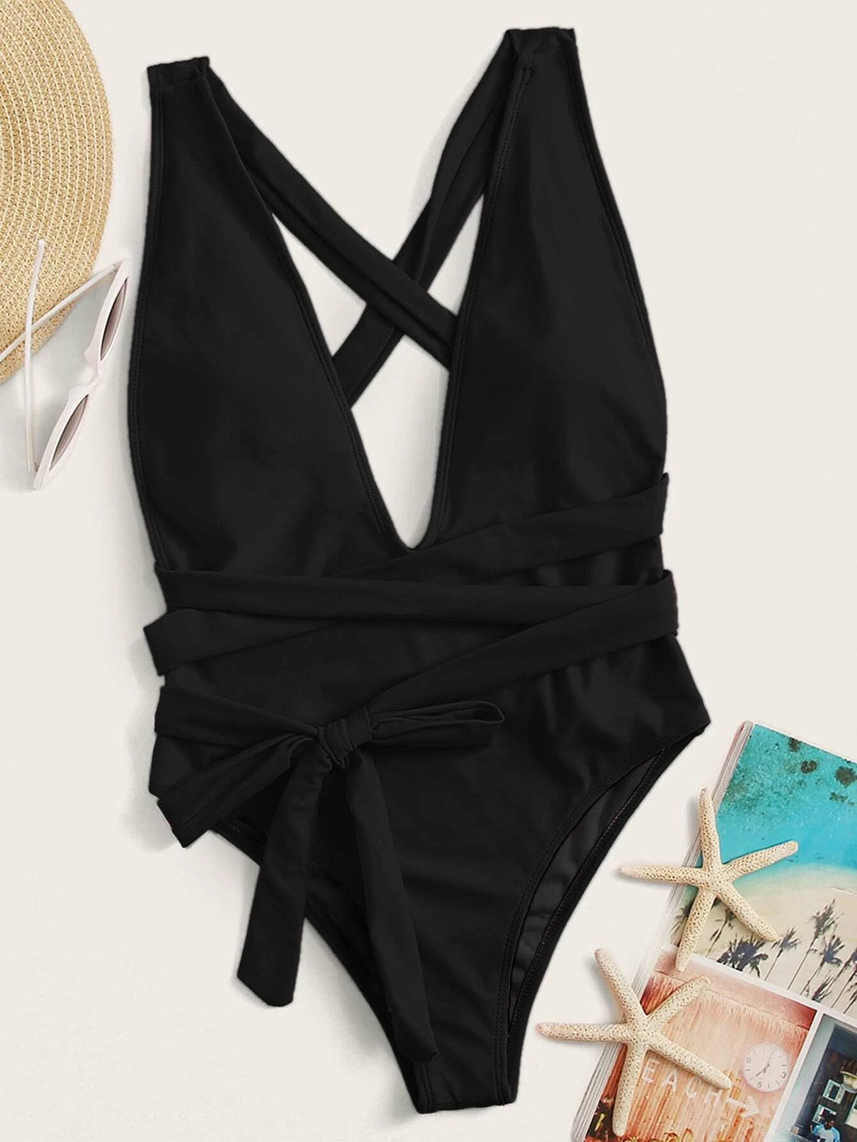 Halter Neck Deep V Tied One-Piece Swimsuit - Ladyez