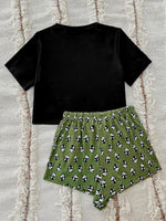 Graphic Tee and Panda Print Shorts Lounge Set - Ladyez