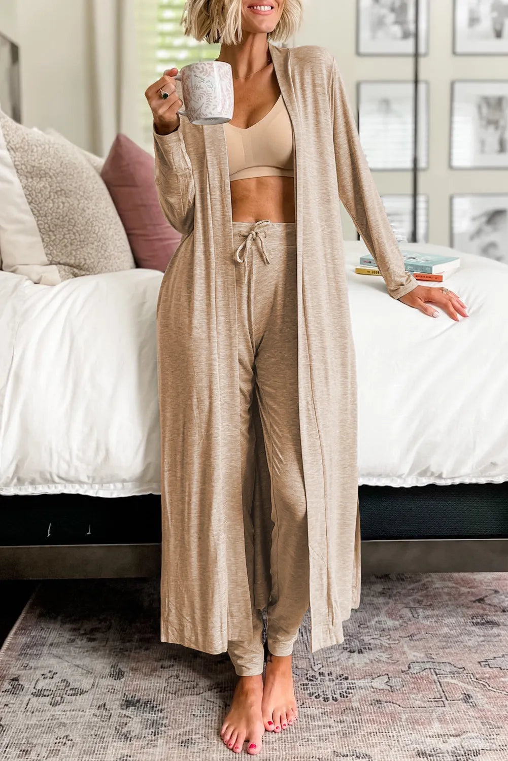 Open Front Long Sleeve Cardigan and Pants Lounge Set - Ladyez