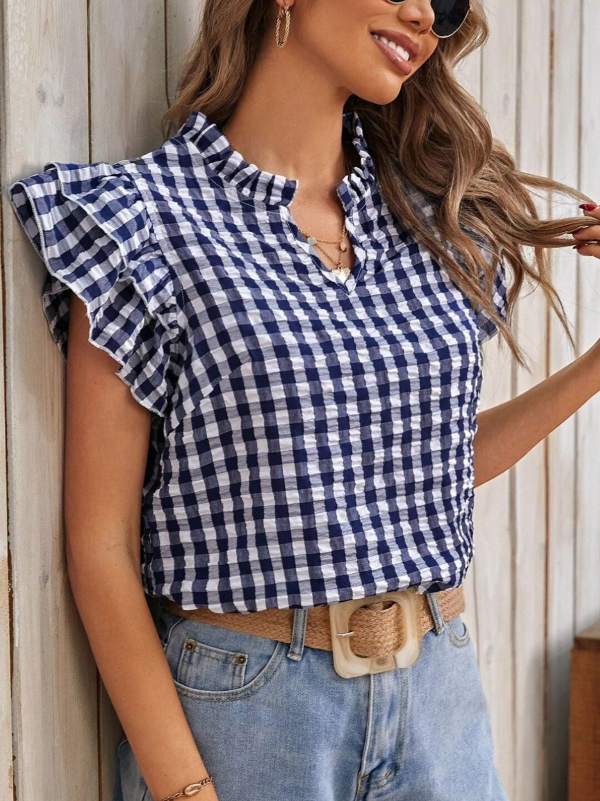 Gingham Ruffle Sleeve Blouse