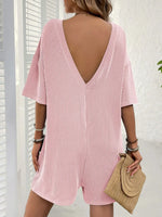 Backless Textured Round Neck Half Sleeve Romper
