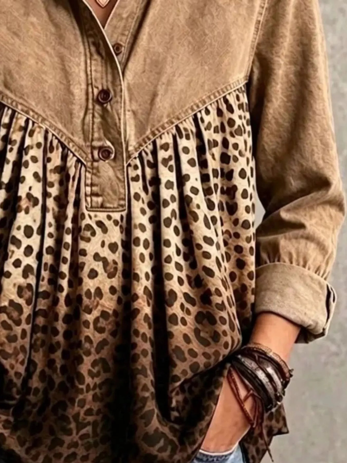 Full Size Leopard Button Detail Blouse Plus Size