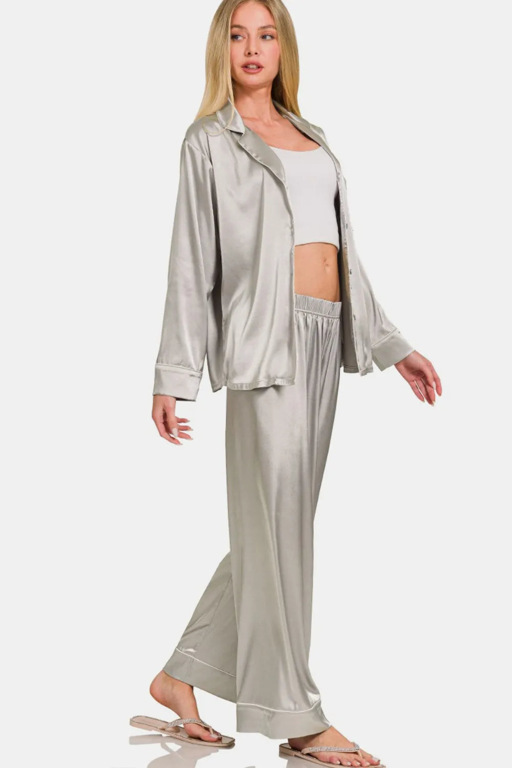 Zenana Satin Long Sleeve Shirt and Pants Pajama Set - Ladyez