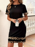 Full Size Leopard Trim Round Neck Mini Dress Plus Size