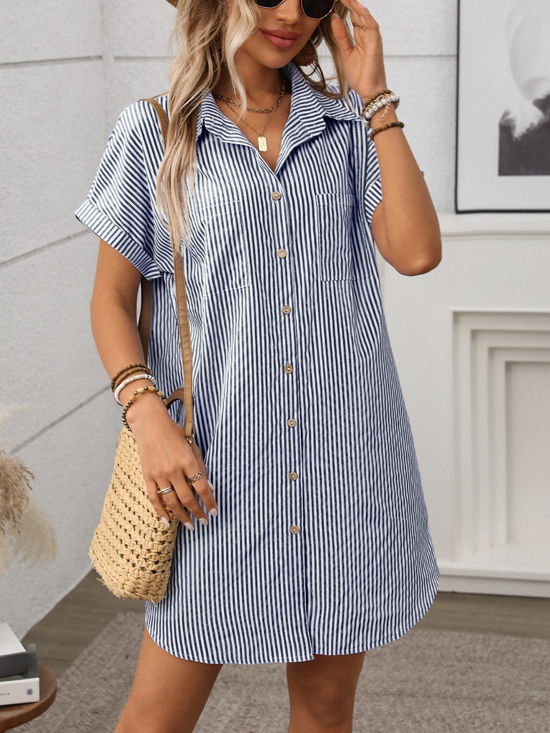 Striped Button Down Short Sleeve Mini Dress - Ladyez